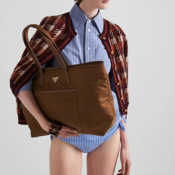 PRADA Vela Saffiano Leather Tessuto Tote Zip Green Enamel Triangle Logo Tan Bag - Picture 2 of 16